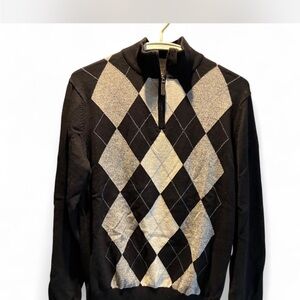Tasso Elba Black and Cream Argyle Zip-Up Sweater